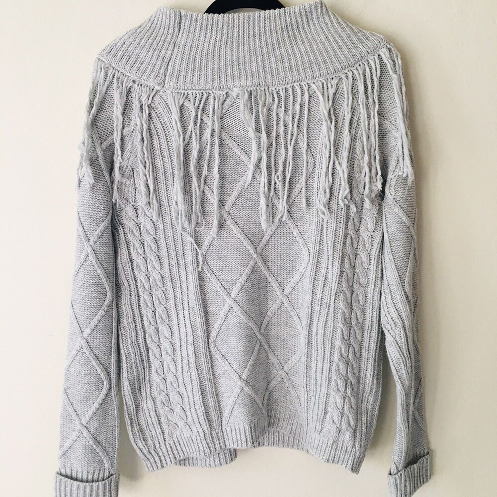 Fringe Knit Angora Off the Shoulder Sweater Small Grey Western Cowgirl Boho - Picture 10 of 10